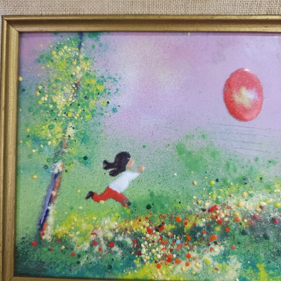Vintage Framed Enamel on Copper Art Painting Child Flying Red Balloon 14.5x12.5" - Picture 6 of 11